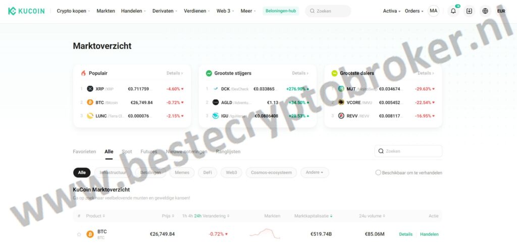 Op deze foto zie je het Kucoin dashboard, mijn #4 van beste crypto broker