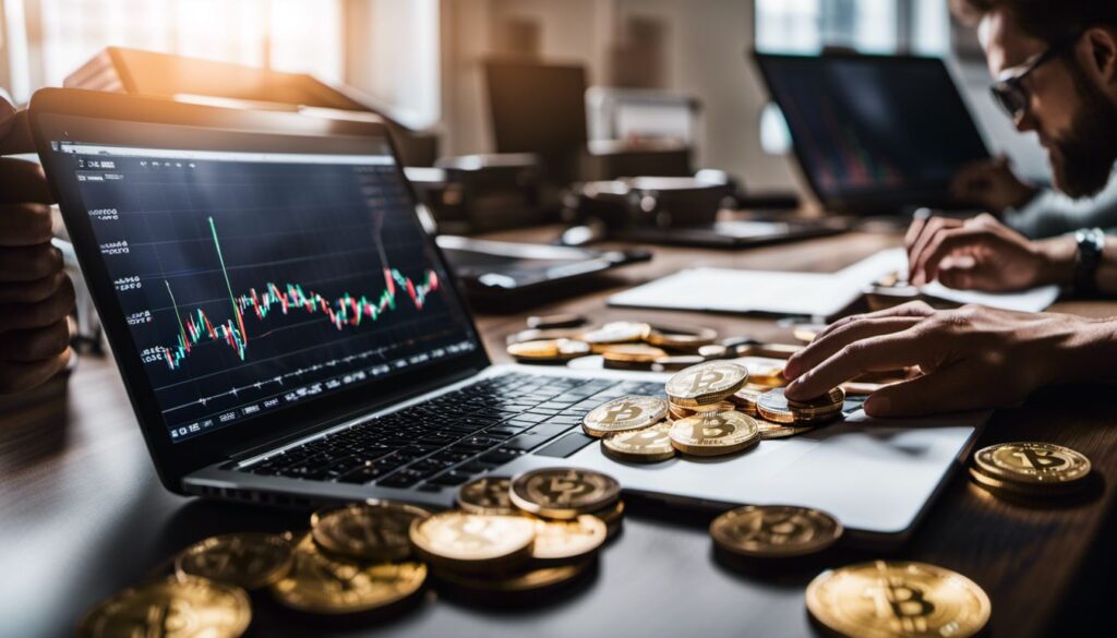 Op deze foto zie je cryptomunten en een laptop als crypto broker