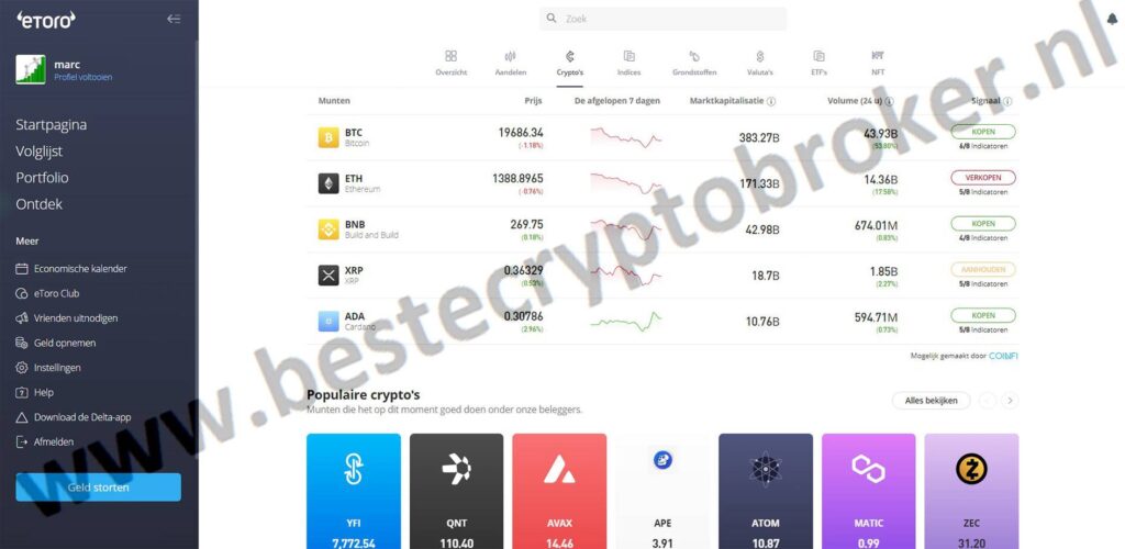 Op deze foto zie je eToro crypto dashboard, mijn #9 van beste crypto broker