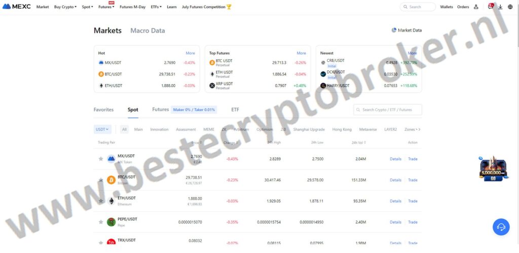 Op deze foto zie je het Mexc Exchange dashboard, mijn #5 van beste crypto broker