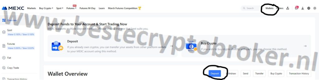 Op deze foto zie je hoe je crypto kunt storten op de mexc exchange