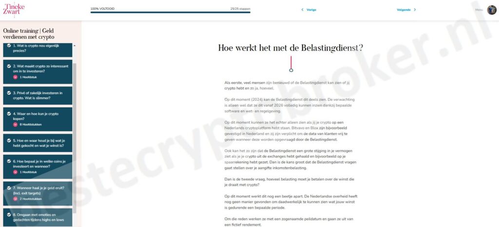 Op deze foto zie je Module 9: Hoe werkt het met de Belastingdienst? van de Tineke Zwart crypto cursus
