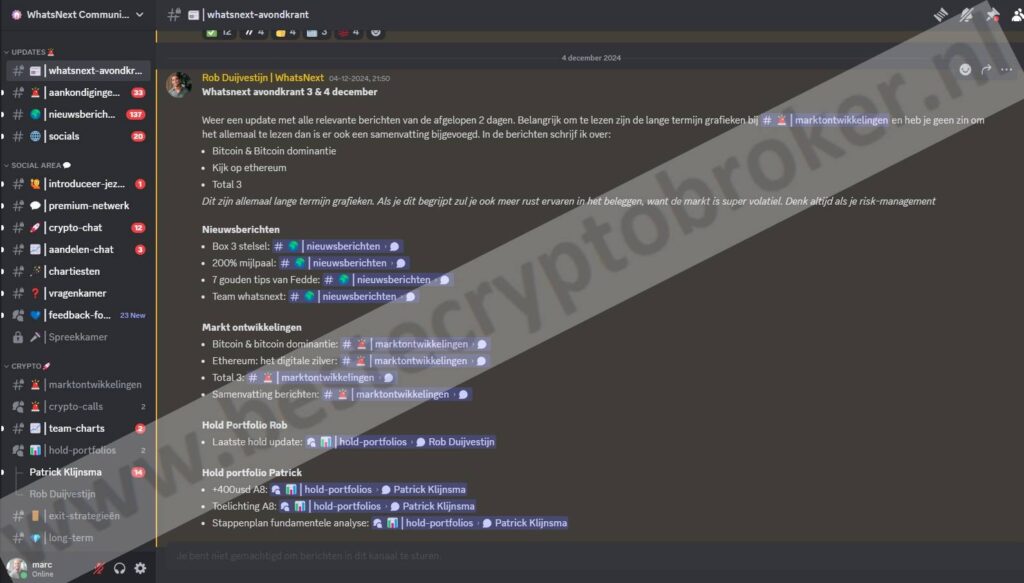 Op deze foto zie je de Whatsnext community: WhatsNext Premium Club. Mijn #1 van beste Crypto Trading Signalen
